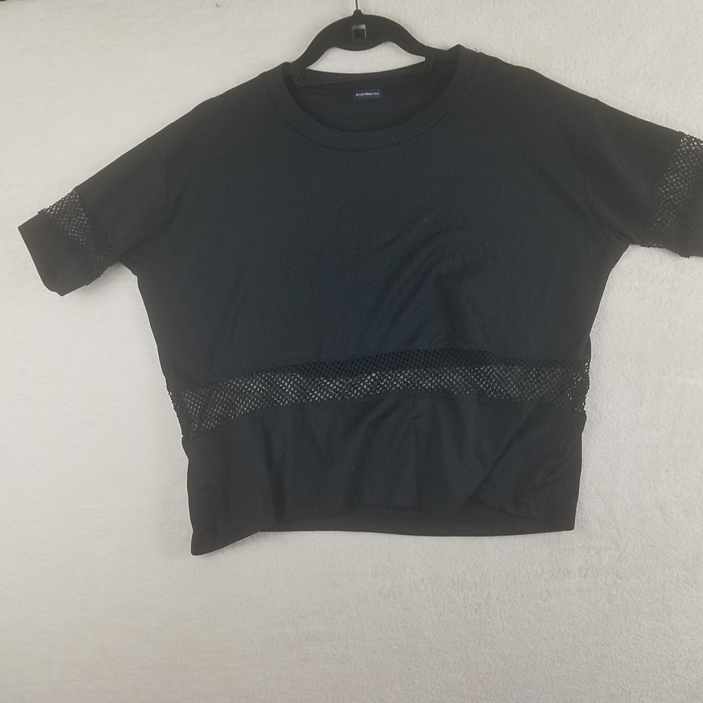 Brandy Melville Black Mesh Fishnet Panel Boxy Short Sleeve Crop T-Shirt Womens L